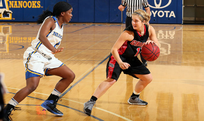 Saint Martin's junior guard Angela Gelhar (right) scored a career-high 36 points in the Saints' 85-78 road win over Alaska Anchorage on Saturday.